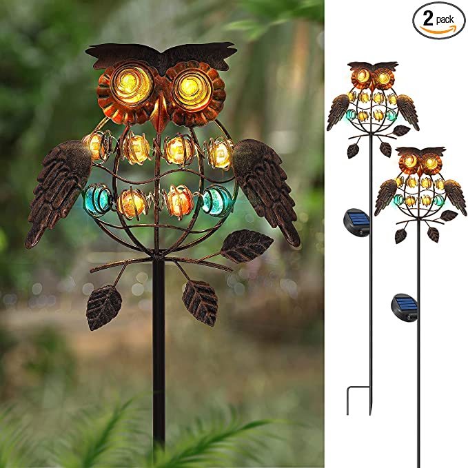 Solar Garden Lights, Solar Lights Outdoor Decorative, Owl Metal Stakes Light Solar Powered, LED Pathway Decoration Waterproof Landscape Lighting for Lawn Patio Walkway Yard Decor - 2 Pack