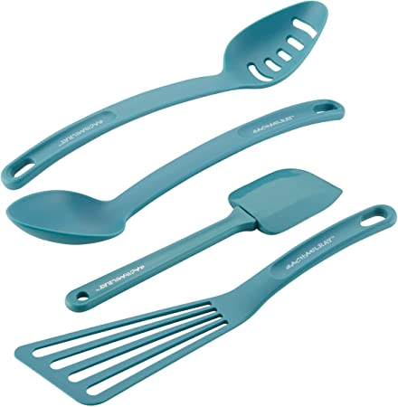 Rachael Ray Cucina Nylon Nonstick Utensils/Fish Turner, Spatula, Solid and Slotted Spoons, 4 Piece, Agave Blue