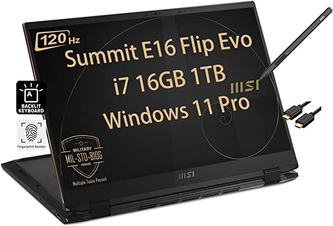 MSI Summit E16 Flip 16” QHD  120Hz Touchscreen 2-in-1 Business Laptop (Intel i7-1195G7, 16GB RAM, 1TB PCIe SSD) Long-Battery Life, Backlit, Killer WiFi 6E, Thunderbolt 4, Fingerprint, Win 11 Pro