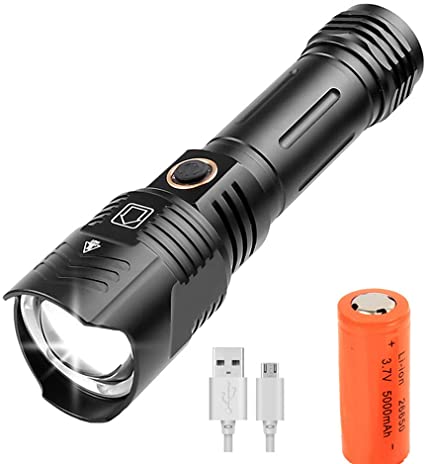 Ultra Bright XHP100 LED Tactical Flashlight 9000 High Lumens USB Rechargeable XHP100 LED Handheld Flashlights with 26650 Battery 5Lighting Modes Adjustable Waterproof Torch Lamp for Camping Hunting.