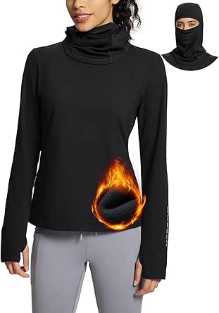 BALEAF Thermal Long Sleeve Women Shirts Winter Clothes Cowl Neck Warm Fleece Base Layer Tops with Balaclava and Thumbholes