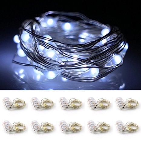 LXS Battery Operated String Lights 10 Sets of 2M /20 LEDS,Amazingly Bright - Ultra-thin Flexible Easy to Wrap Silver Wire For Christmas Wedding Party,Fairy Light Effect(10PC-Pure White)