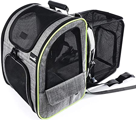 Pecute Cat Carrier Dog Backpack Expandable, Portable Breathable Rucksack with Front Opening-Mesh Window-Pockets, Extendable Back More Space Great For Carrying Puppy Dogs Cats Up to 10KG