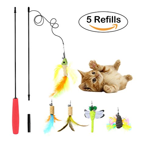 Bascolor Cat Toys Interactive Feather Teaser Wand Toy Set with 5 Refills Feathers Bird Dragonfly Catcher for Cats Kitten