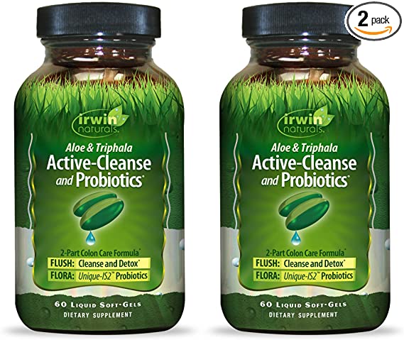 Irwin Naturals Aloe & Triphala Active Cleanse   Probiotics Natural Digestive Support - Gentle, Effective Detox   Elimination 2-Part Colon Care - Nourish   Balance - 60 Liquid Softgels (Pack of 2)