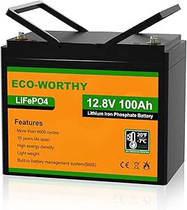 ECO-WORTHY Batterie lithium 12V 100AH LiFePO4 avec BMS et Protection basse température et 4000-15000 cycles, batterie au lithium 1280 Wh pour camping-car, système solaire, bateau, maison