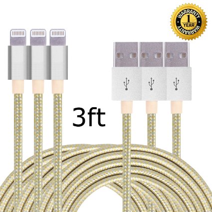 IFaxnn 3pcs 3FT Lightning Cable Popular Nylon Braided Charging Cable Extra Long USB Cord for iphone 6s, 6s plus, 6plus, 6,5s 5c 5,iPad Mini, Air,iPad5,iPod on iOS9.(white gold).