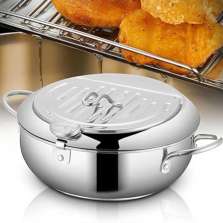 Deep Fryer Pot - Japanese Tempura Small Deep Fryer Stainless Steel Frying Pot With Thermometer,Lid And Oil Drip Drainer Rack for French Fries Shrimp Chicken Wings and Shrimp (28cm/11inch)
