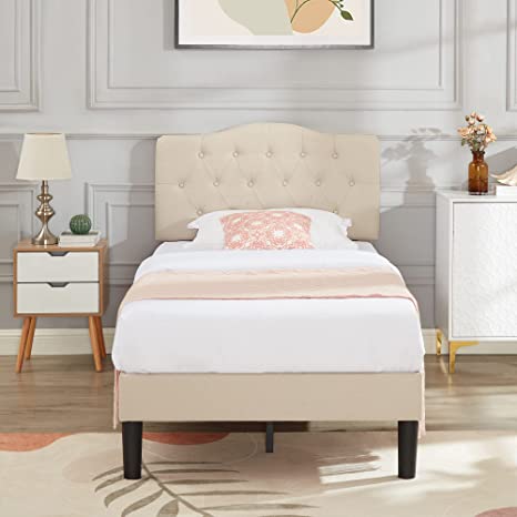 VECELO Twin Size Bed Frame Upholstered Platform with Tufted Adjustable Headboard/Mattress Foundation with Wood Slat Support, Easy Assembly,Honey Beige