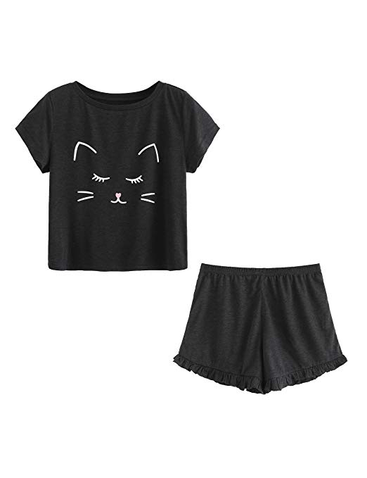 DIDK Women's Kitty Cat Print Ruffles Short Pajama Set