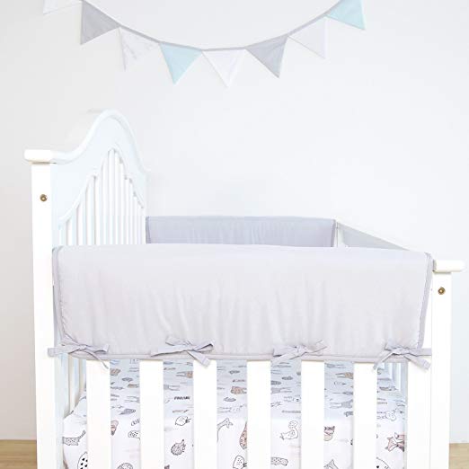 TILLYOU 2-Pack Padded Baby Crib Rail Cover Protector Safe Teething Guard Wrap for Thick Side Crib Rails(Measuring Up to 18" Around), 100% Silky Soft Microfiber Polyester, Reversible, Pale Gray/White