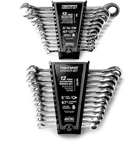 24pc IN/MM TIGHTSPOT Ratchet Wrench MASTER SET - Inch & Metric With Quick Access Wrench Organizer - Our standard in combination wrench sets from gear to tip