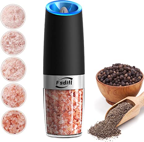 Fsdifly Gravity Electric Salt and Pepper Grinder - Battery Operated Automatic Salt and Pepper Mills with Blue Light, Adjustable Coarseness, One Handed Operation…