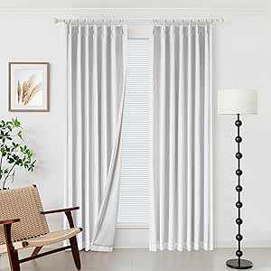 MYSKY HOME 100% White Blackout Pinch Pleated Curtains 84 inches Long for Living Room Bedroom Linen Blended Noise Block Thermal Insulated Window Curtains Soft Drapes with Hooks Back Tab, W40, Pack-2