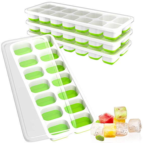 Ouddy 4 Pack Ice Cube Trays with Lid, Easy-Release Ice Cube Molds, 14-Silicone Ice Trays can Make 56 Ice Cubes, BPA Free Nontoxic and Safe, Stackable Durable and Dishwasher Safe(Green)