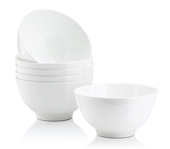 DOWAN 14-Ounce Bone China Bowl Sets, White Soup/Rice/Dessert Bowls, Set of 6 - Microwavable