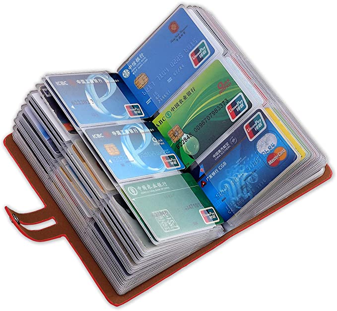 Leather Business Card Organizer, RFID Blocking Credit Card Holder, Professional Business Card Holder and Name Card Book, Credit Card Protector - Holds 96 Cards (Red)