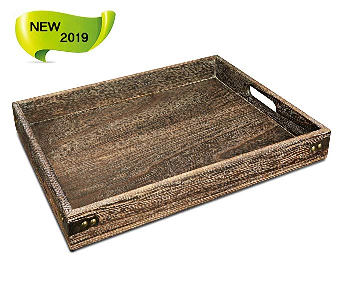 Sufandly Large Wooden Serving Tray with Handles, Rectangle Breakfast Tray 15.7 x 11.8 Inch Wood Color