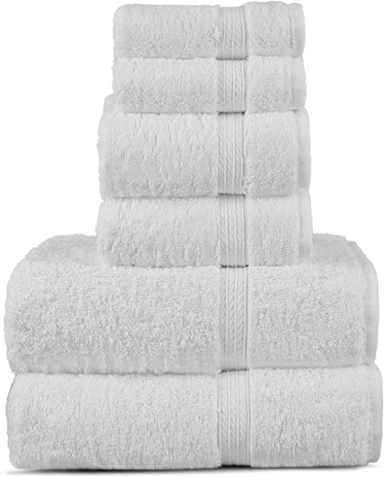 TURKUOISE TURKISH TOWEL Premium Turkish Cotton Double Border Towel Set - Eco Friendly,Bath Towels, Hand Towels, Wash Clothes (Classic Border-White, 6)