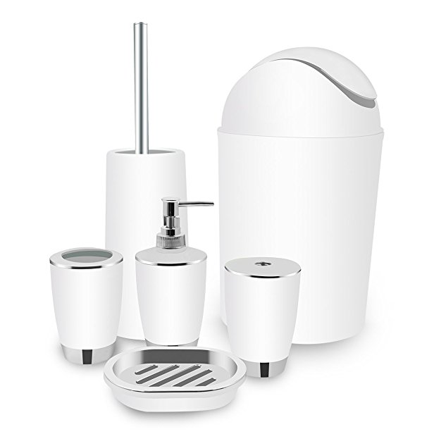 White Bathroom Accessories Set Bath Toilet Brush Accessories Set with Trash Can,Toothbrush Holder and Soap Dispenser Set,Soap and Lotion Set,Tumbler Cup,Soap Dish,Toilet Brush Set-6 Pcs