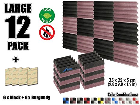 Arrowzoom New 12 Pieces of (25 X 25 X 5 cm) Soundproofing Insulation Wedge Acoustic Wall Foam Padding Studio Foam Tiles AZ1134 (BLACK & BURGUNDY)