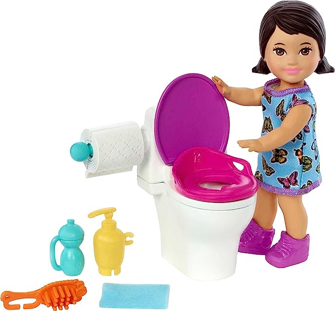 Barbie Skipper Babysitters Inc Doll & Accessories Set with Brunette Doll in Butterfly Dress, Potty & Bathroom-Themed Pieces