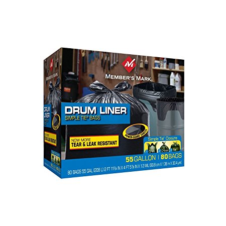 Member's Mark Simple Tie Drum Liner, 55 Gallon, 80 Ct, Black (WCE080B)