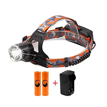 Zoomable Headlight, Waterproof Helmet Light Headlamp with Battery Charger and 2 x 18650 Batteries for Outdoors Sports Camping Riding Fishing Hunting Reading (Black)