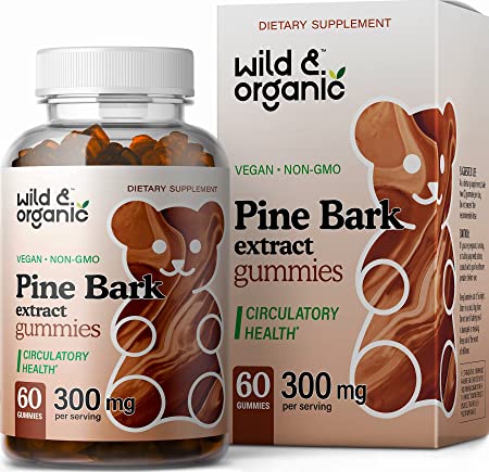 Wild & Organic Pine Bark Extract Gummies - Pinus Maritima Herbal Supplement, 95% Proanthocyanidins - Natural Energy Booster - Vegan, Non-GMO - 300mg, 60 Chews