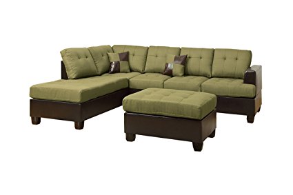 Poundex Bobkona Winden Blended Linen 3-Piece Reversible Sectional Sofa with Ottoman, Peridot