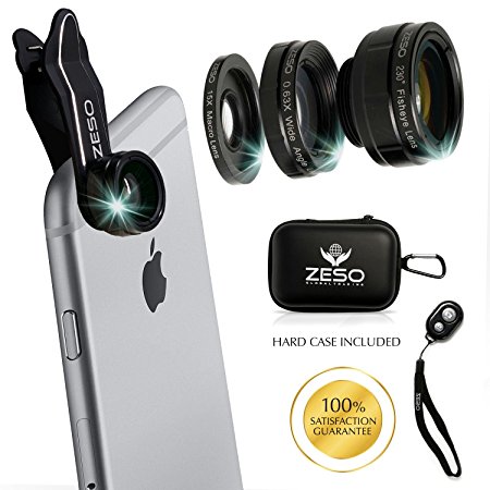 Iphone Lens 3 In 1 Camera Lens Kit by Zeso | Professional 230° Fisheye, Macro & Wide Angle Phone Lenses | For iPhone, Samsung Galaxy, Android, iPads, Tablets | Universal Phone Clip & Hard Storage Case