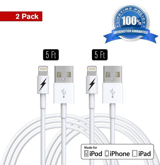 Zeus Lightning USB Charging Cables 5 ft for All iOS Devices - 2 Pack