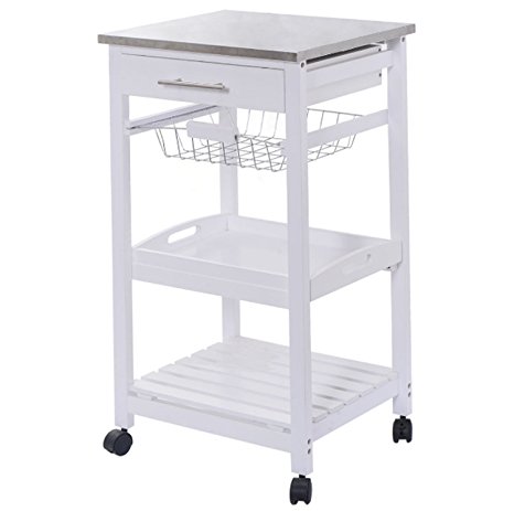 White Kitchen Rolling Cart Trolley Steel Top Removable Tray Storage Basket Drawers 3 Layers