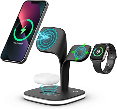 Magnetic Wireless Charging Station, EXW 3 in 1 Qi 15W Fast Mag-Safe Charger Stand for iPhone 13,12 Pro Max/Pro/Mini, Apple Watch 7/6/SE/5/4/3/2 and Airpods 3/2/Pro with LED Lamp and USB Port (Black)…