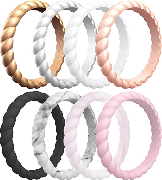 ThunderFit Thin Braided Silicone Wedding Rings for Women - 10 Rings / 8 Rings / 4 Rings / 1 Ring Stackable Rubber Engagement Band 3.1mm Width - 2mm Thick