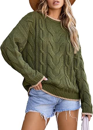 EVALESS Sweaters for Women Trendy Crewneck Long Sleeve Color Block Sweater Tops Fall 2024 Chunky Cable Knit Pullover Sweaters