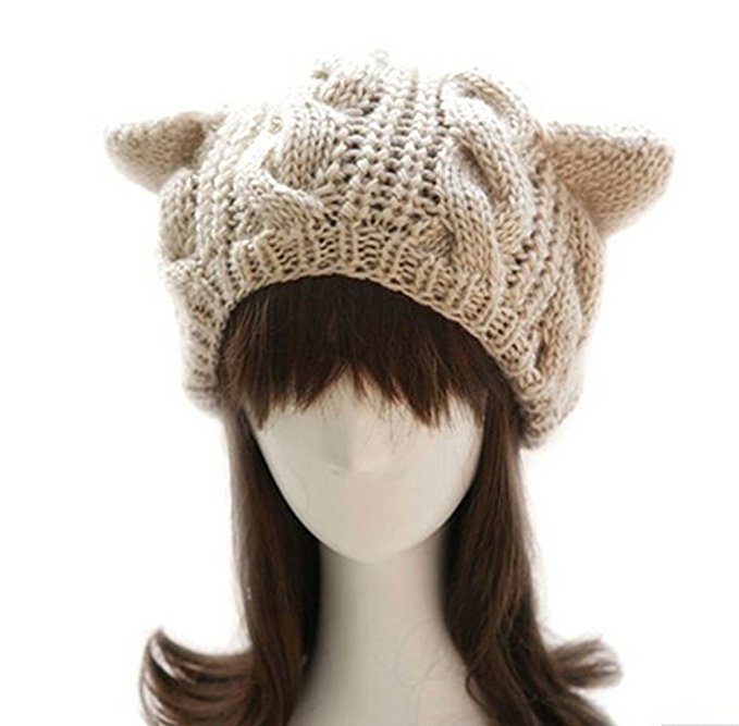 BFlowerYan Women's Winter Knit Crochet Braided Cat Ears Beret Beanie Ski Knitted Hat Cap (Beige)