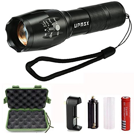 LED Tactical Flashlight,UPMSX 900 Lumen XML T6 Portable Outdoor Water Resistant Torch with Adjustable Focus and 5 Light Modes,Rechargeable 18650 Lithium Ion Battery and Charger