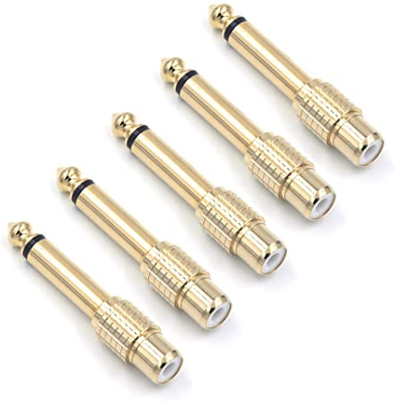 VCE 5 Pack 6.35mm Mono Plug Male to RCA Female Audio Adapter Gold Plated
