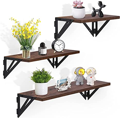 VECELO Floating Shelves, 3 Sets of Wall Mounted Shelf for Bathroom Decor, Bedroom, Living Room and Plants - Classic Brown