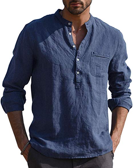 URRU Men's Linen Cotton Loose Fit Henley Shirt Long Sleeve Basic Summer Beach Shirt Casual Plain Tee S-XXL