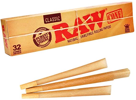 RAW Classic Natural Unrefined King Size Prerolled Rolling Paper Cones 32 Per Box 1 count