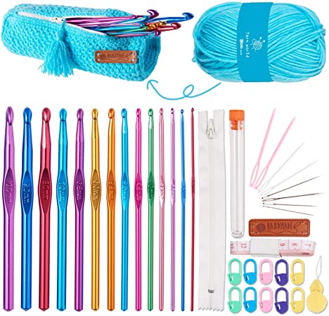 Crochet Hook Set with DIY Crochet Yarn Case, Crochet Accessories Kit Including 14pcs Ergonomic Crochet Hooks, Needles, Stitch Markers & More for Crocheting,Perfect for Arthritic Hands