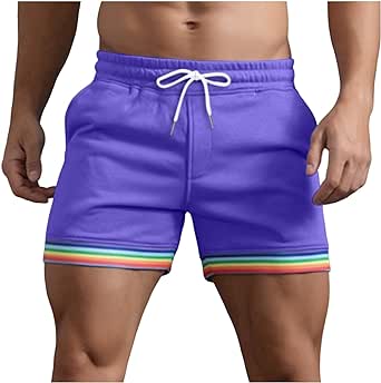 Gym Shorts Men Summer Drawstring Elastic Waist Solid Rainbow Hem Athletic Running Shorts Slim Stretch Biker Workout Short