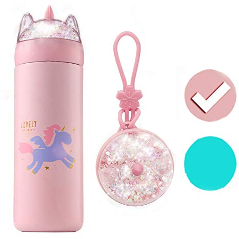 KINIA 12 Oz Unicorn Glitter 18/8 Stainless Steel Double Wall Vacuum Insulated Kids Water Bottle ~ Leak Proof with BPA Free Multi-Color Sparkling Glitter Top (Unicorn Pink)