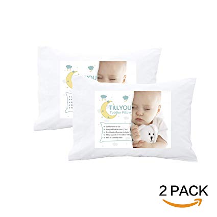 [Pack of 2] Hypoallergenic Toddler Travel Pillow with Pillowcase, 100% Woven Cotton Case, Fits Toddler Bed/Crib/Cot, Machine Washable Kids Pillows for Sleeping Napping, Child Size 13x18, White