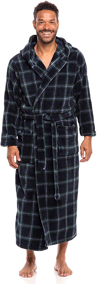 Alexander Del Rossa Men's Warm Fleece Robe with Hood, Big and Tall Contrast Bathrobe