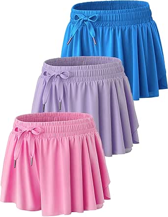 3 Pack Womens Flowy Running Shorts, 2-in-1 Butterfly Skirts with Shorts Underneath Spandex Athletic Casual Gym Workout Lounge