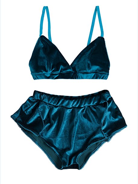 SUNSIOM Women's 2 Piece Vintage Velvet Lingerie Set Strap bra Underwear Suit