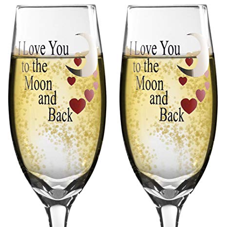 Lovers Champagne Glasses - Set of 2 I Love You to the Moon and Back Glass Flutes - Champs Toasting Flute Wedding Anniversary